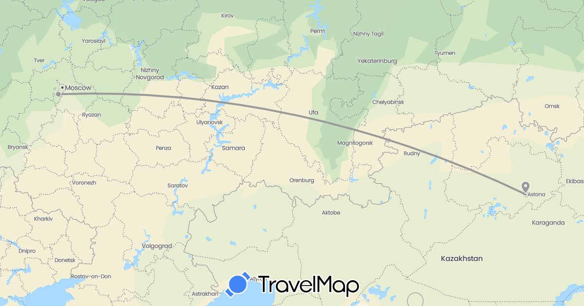TravelMap itinerary: driving, plane in Kazakhstan, Russia (Asia, Europe)